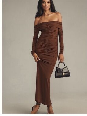 Anthro  Bardot Artura Diamante Fitted Off shoulder Ruched Maxi Dress Event Dates